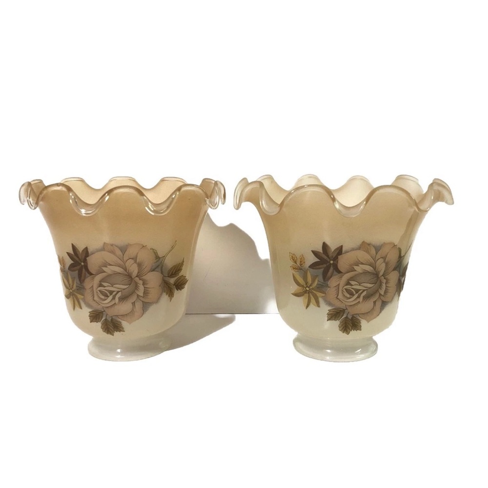Vintage Milk Glass Lamp Shades Ruffled Floral Opaline Fitter Flowers Set